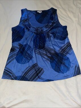 New York & Company Blue and Black Sleeveless Ruffle Neck Tank